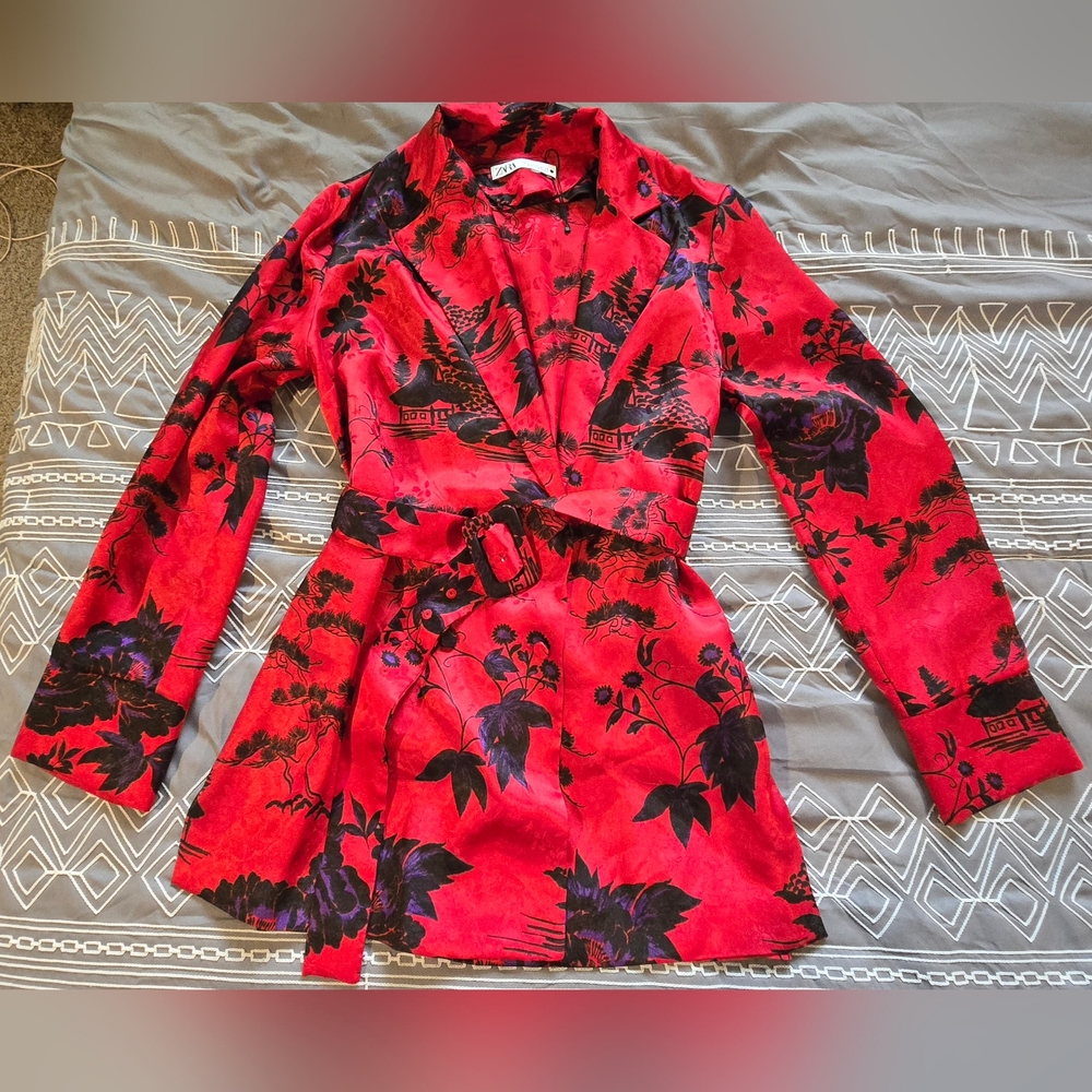 Women’s Red Floral Wrap Blazer with Belt